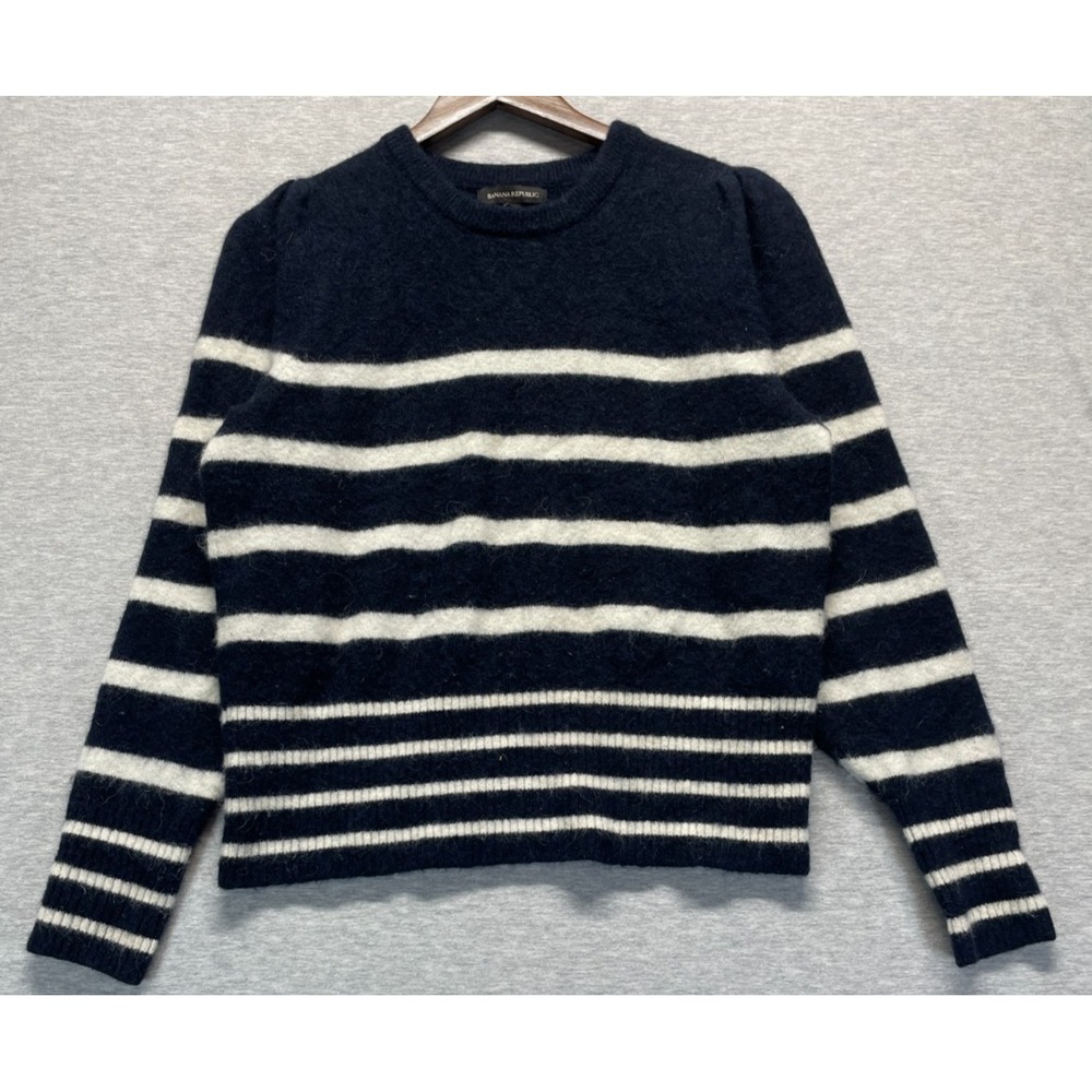 Banana Republic Sweater Women's Large Blue White Striped Wool Blend Crew Neck